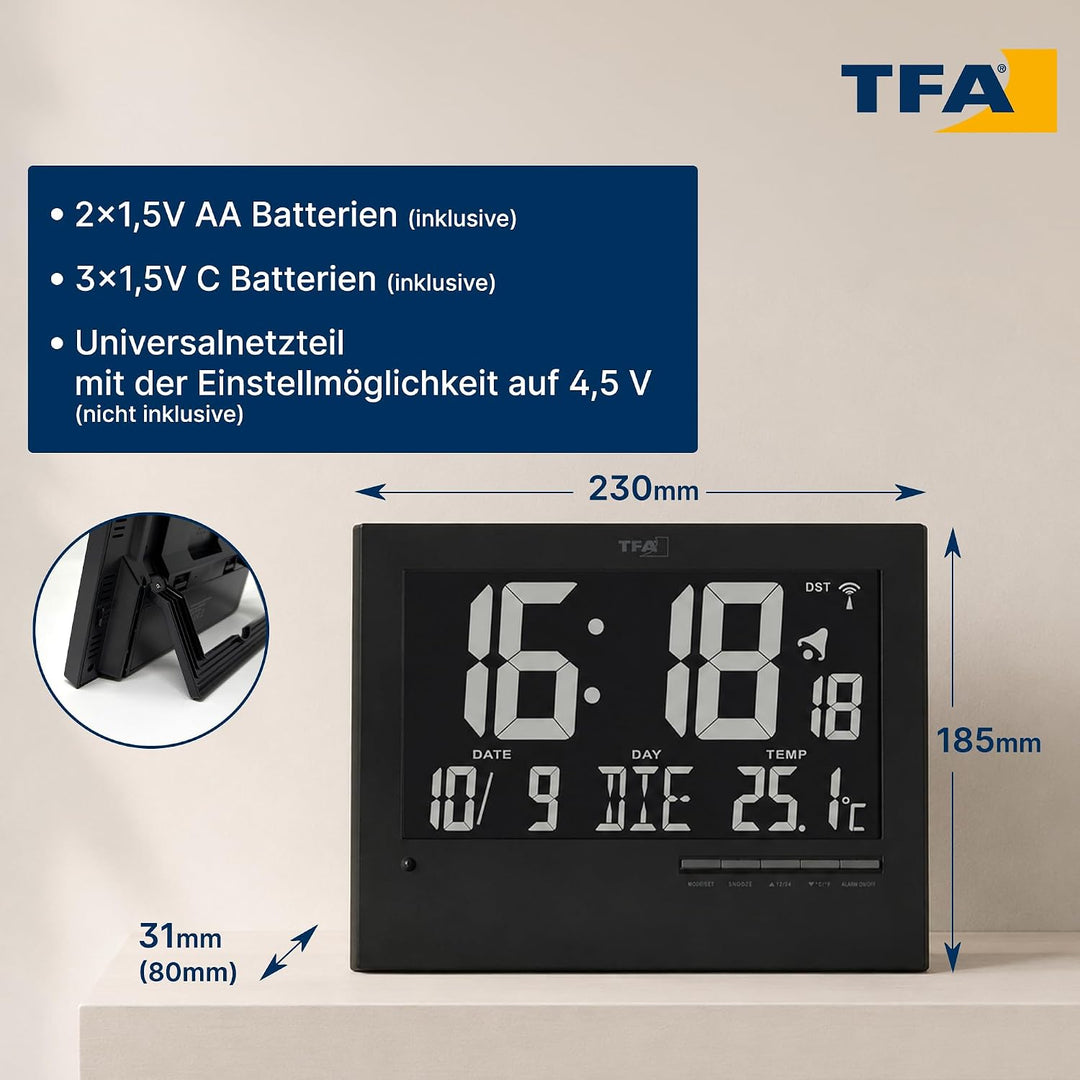 TFA Dostmann Digitale Funkuhr mit automatischer Hintergrundbeleuchtung, mit Innentemperatur, Datum,