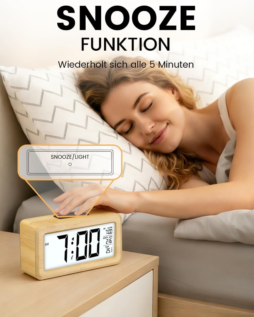 aboveClock Wecker Digital, Digitaler Wecker Holz mit Grosse Temperaturanzeige, Tischuhr mit Snooze,