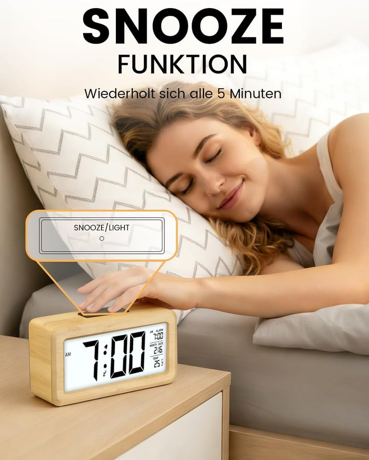 aboveClock Wecker Digital, Digitaler Wecker Holz mit Grosse Temperaturanzeige, Tischuhr mit Snooze,