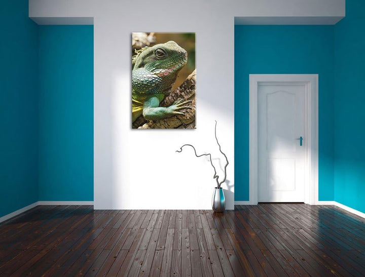 Pixxprint grosses grünes Chamäleon auf Leinwand, XXL riesige Bilder fertig gerahmt mit Keilrahmen, K