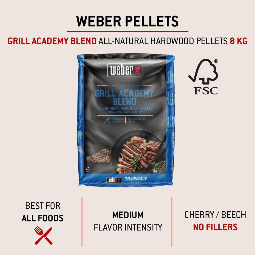 Weber Holzpellets - Grillacademy Blend (8kg), perfekt zum Räuchern von Gemüse, Fisch und Allen Fleis