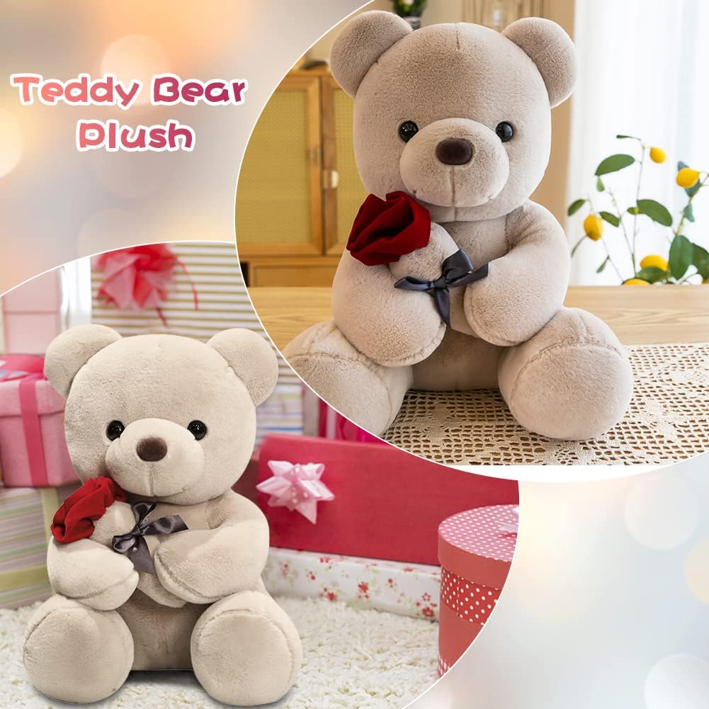 Teddybär, Plüsch-Bär, Teddy mit Rose, 23 cm Teddybären Rose Stofftier Spielzeug Dekozimmer Kissen, P
