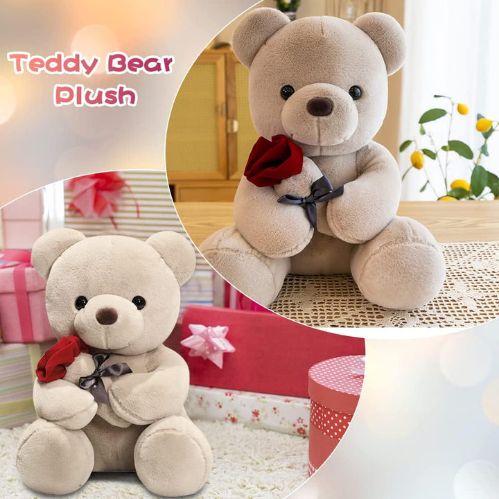 Teddybär, Plüsch-Bär, Teddy mit Rose, 23 cm Teddybären Rose Stofftier Spielzeug Dekozimmer Kissen, P