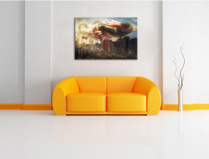 Pixxprint Drache über der Festung als Leinwandbild/Grösse: 100x70 / Wandbild/Kunstdruck/fertig bespa