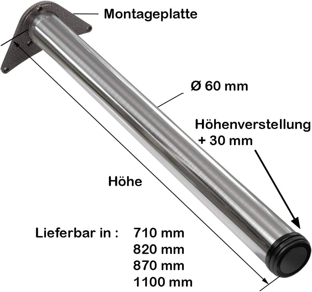 Stahlia 4 x Tischfuss Ø60 mm SCHWARZ MATT Tischbeine Möbelfuss |Höhe 1100 mm|höhenverstellbar + 30 m