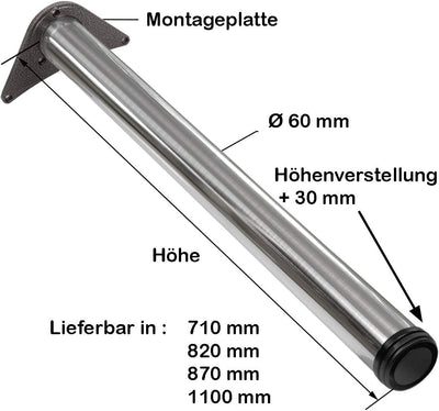 Stahlia 4 x Tischfuss Ø60 mm SCHWARZ MATT Tischbeine Möbelfuss |Höhe 560 mm|höhenverstellbar + 30 mm