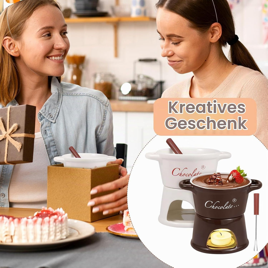 Goshoppers 2 Stück Mini Schokofondue Tasse Käsefondue Set Keramik Schokobecher mit Gabeln Schokolade