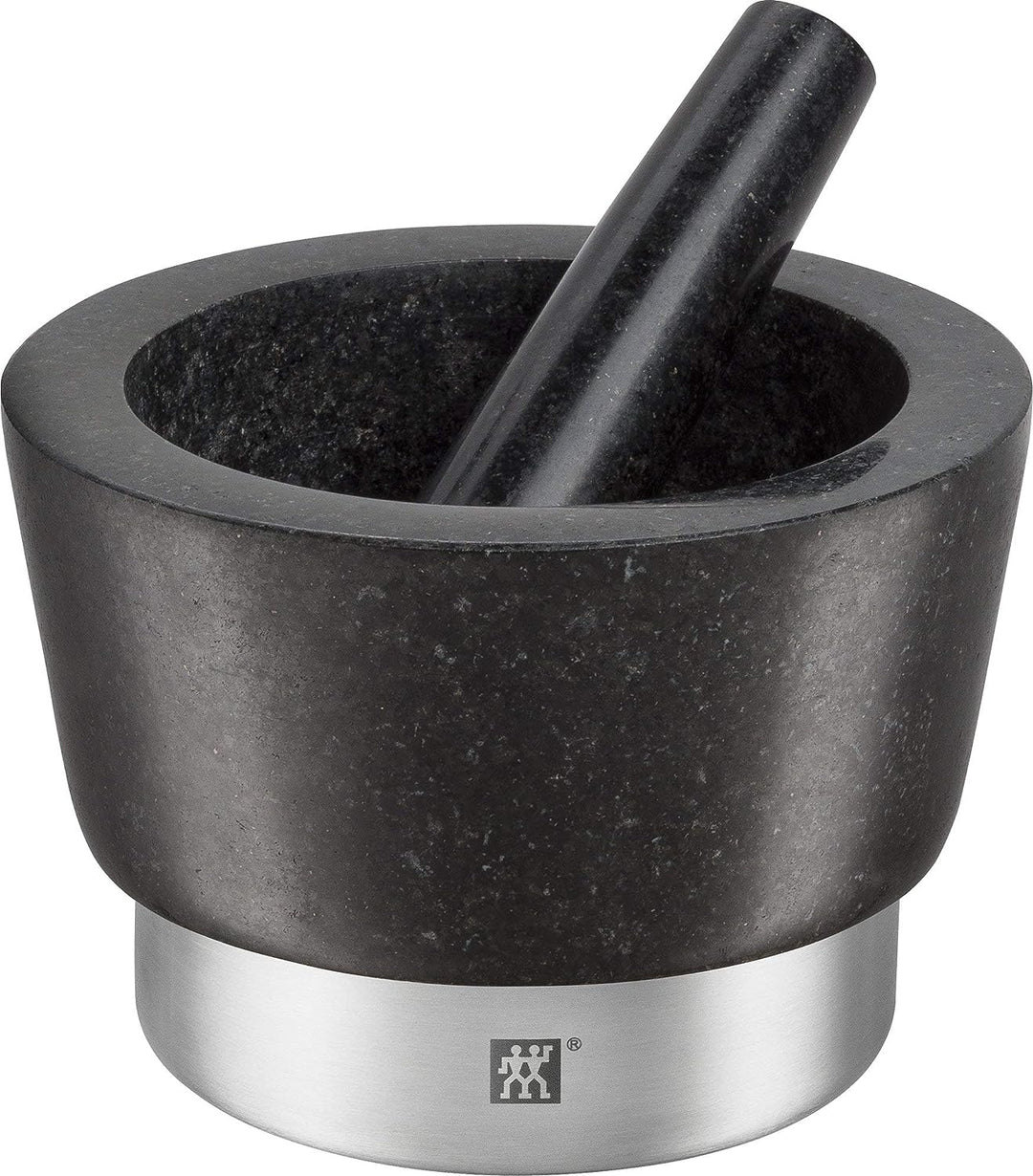 Zwilling Spices Mörser mit Stössel, Ø 11 cm, Granit, Schwarz & 30772100 Schneidbrett, Bambus, mittel