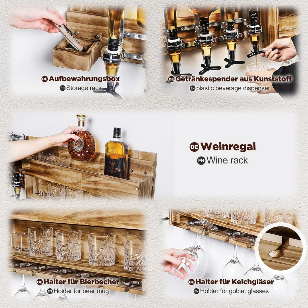 Yorbay Weinregal Palette beflammt Holz, Wandbar mit 4 Getränkespender Wand Flaschenhalter Flaschenha