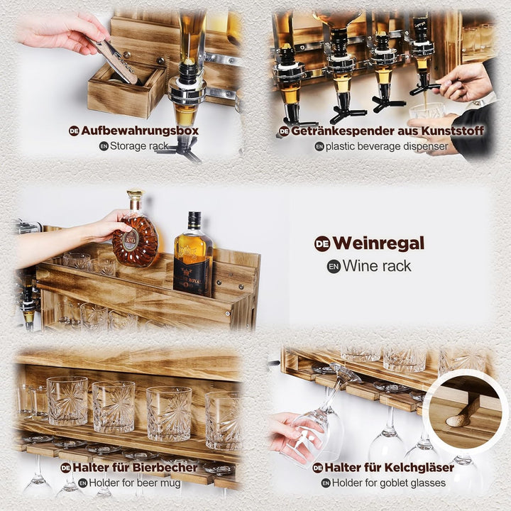 Yorbay Weinregal Palette beflammt Holz, Wandbar mit 4 Getränkespender Wand Flaschenhalter Flaschenha
