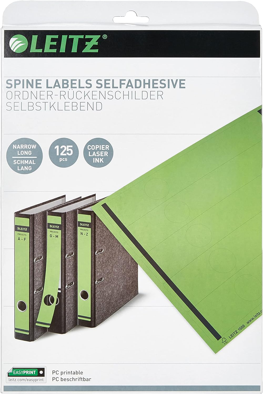 Leitz PC-beschriftbare Rückenschilder selbstklebend für Standard- und Hartpappe-Ordner, 125 Stück, L