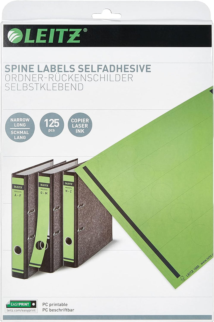 Leitz PC-beschriftbare Rückenschilder selbstklebend für Standard- und Hartpappe-Ordner, 125 Stück, L