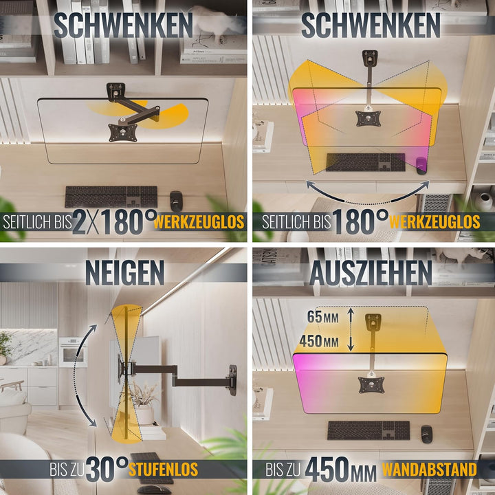 RICOO Halterung Monitor Arm Wand Monitorhalterung Schwenkbar Neigbar 15-27 Zoll, S2311, Wandhalterun