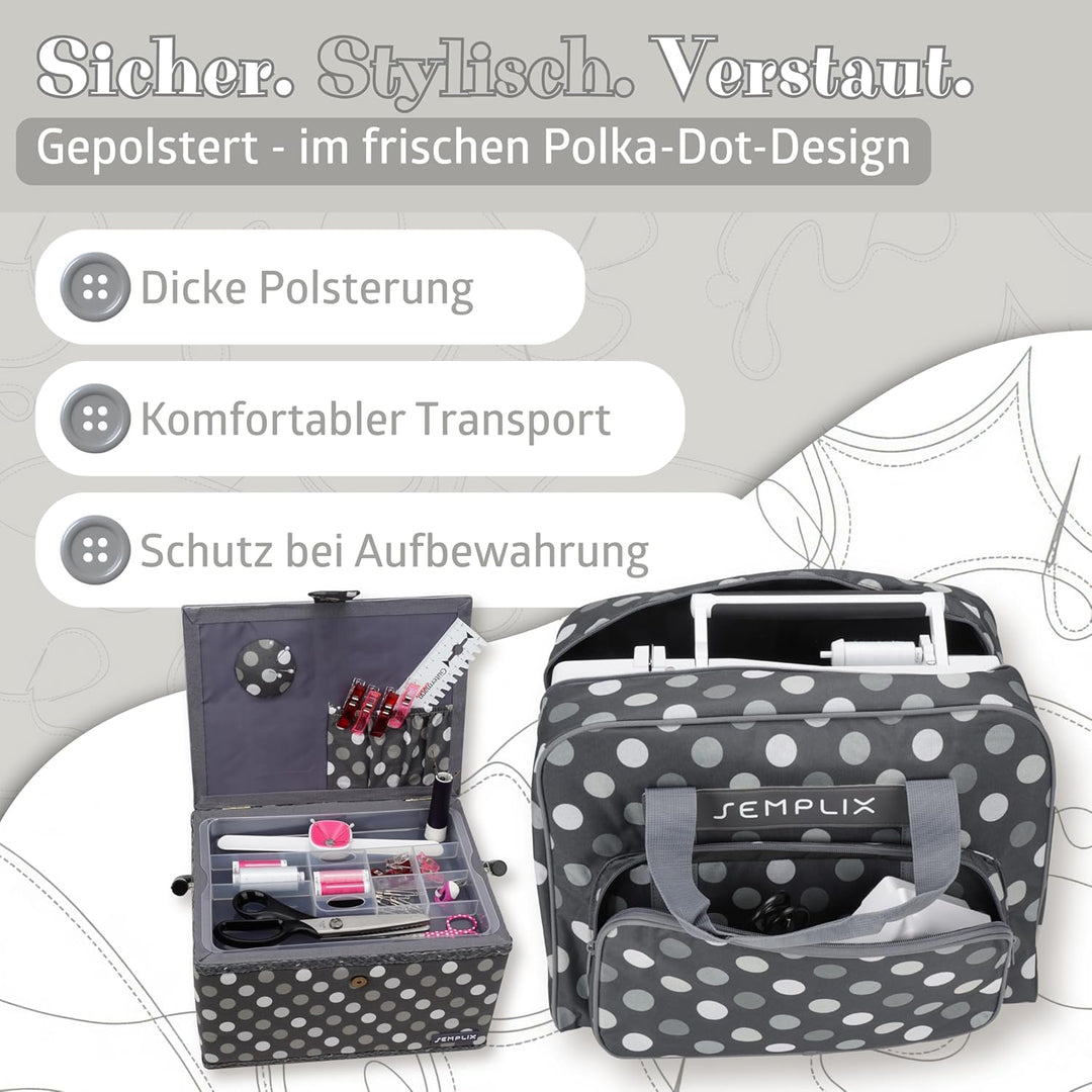SEMPLIX Bundle Polka Dots Nähmaschinentasche + Nähkorb L (anthrazit/grau)
