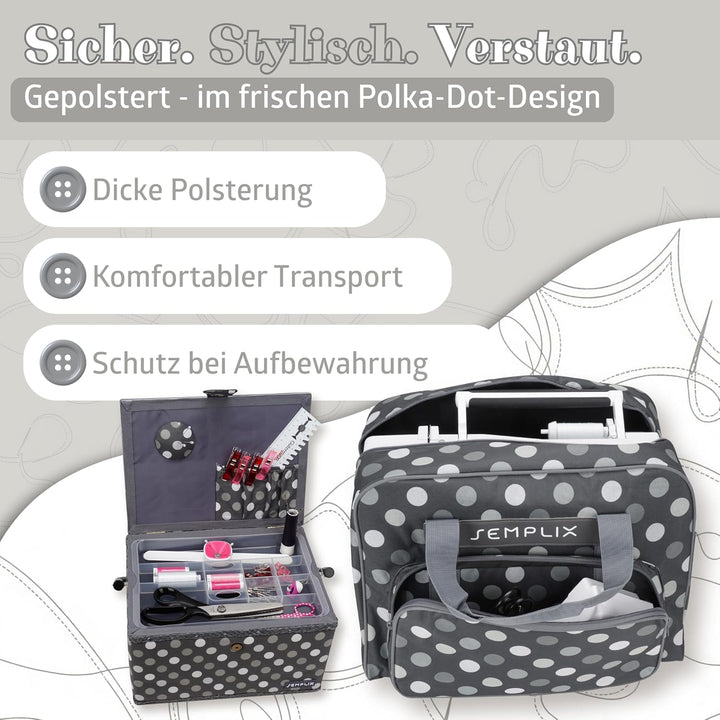 SEMPLIX Bundle Polka Dots Nähmaschinentasche + Nähkorb L (anthrazit/grau)