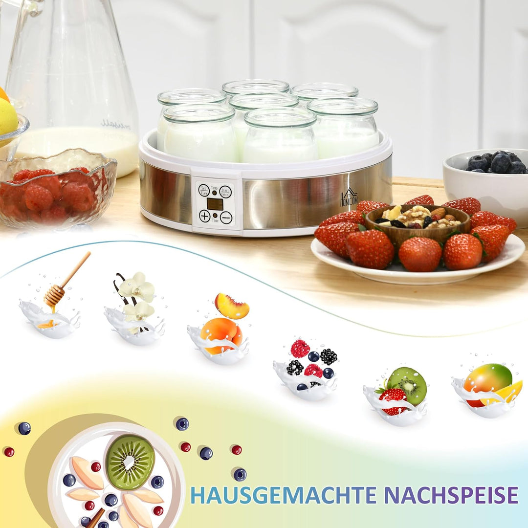 HOMCOM Joghurtbereiter Griechische Joghurtmaschine mit Deckel, 7 BPA-freier Glas-Innenbehälter à 180