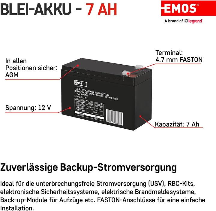 EMOS - Wartungsfreier Bleiakku - 12V 7Ah - AGM Batterie - Faston 4,7mm Anschluss - Für Gefahrmeldean