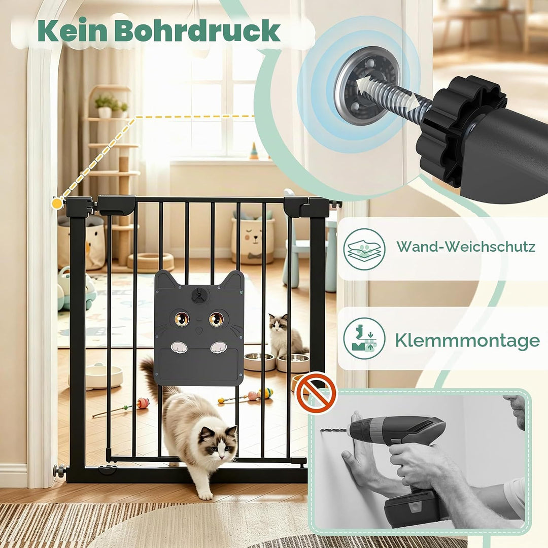 UISEBRT Türschutzgitter Treppengitter ohne Bohren mit grosser Katzenklappe für Breiten 75-85 cm,180°