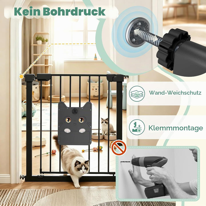 UISEBRT Türschutzgitter Treppengitter ohne Bohren mit grosser Katzenklappe für Breiten 75-85 cm,180°