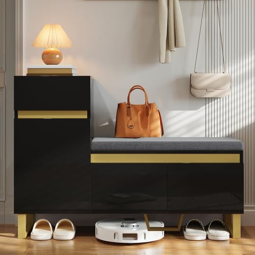 Merax Schuhschrank mit Sitzbank – Schuhbank mit Sitzfläche, mehrstöckiges Schuhregal mit Türen &amp; Sch