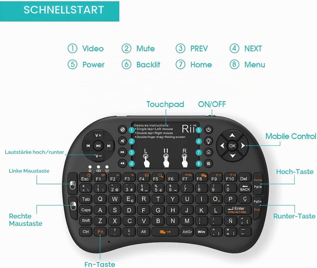 Rii Mini i8+ Wireless (Spanisch QWERTY) - Mini Tastatur mit Touchpad
