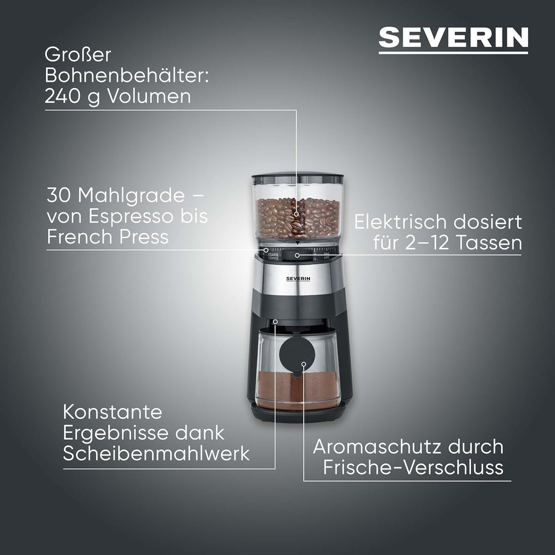 SEVERIN Kaffeemühle, Scheibenmahlwerk, einstellbare Mengendosierung, Mahlgrad in 30 Stufen einstellb