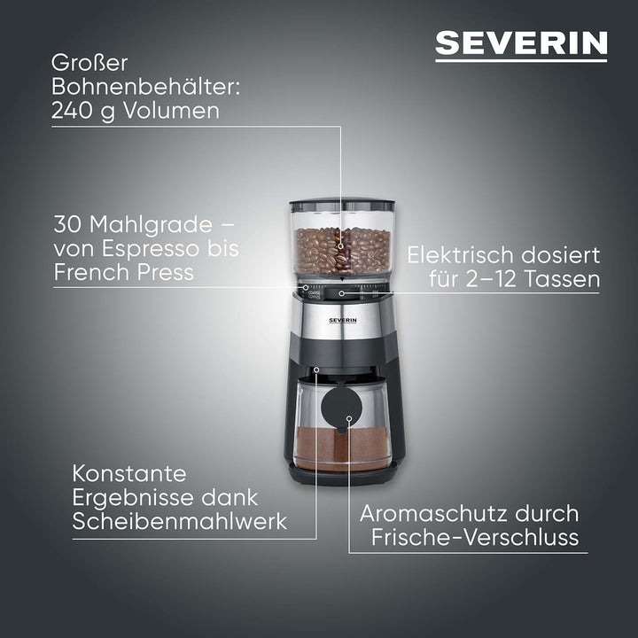 SEVERIN Kaffeemühle, Scheibenmahlwerk, einstellbare Mengendosierung, Mahlgrad in 30 Stufen einstellb
