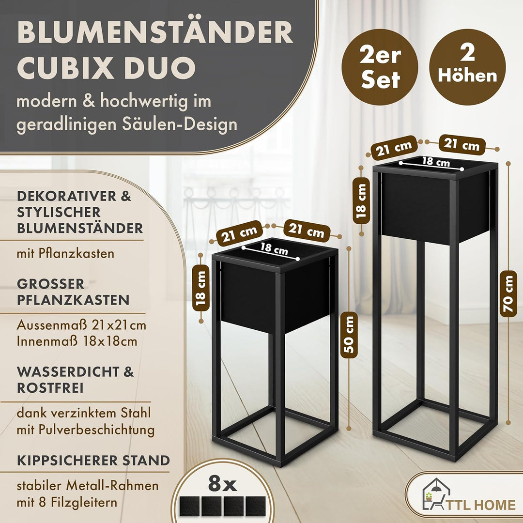 Blumenständer CUBIX DUO 2er Set - Pflanzenständer Metall schwarz 50 und 70 cm hoch - Design Blumento