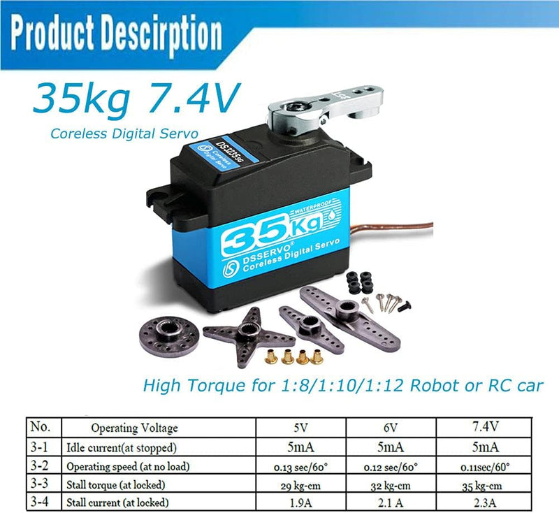 ANNIMOS 35kg kernloser digitaler Servomotor 7.4V Edelstahl Getriebe wasserdicht 1/8 1/10 1/12 Standa