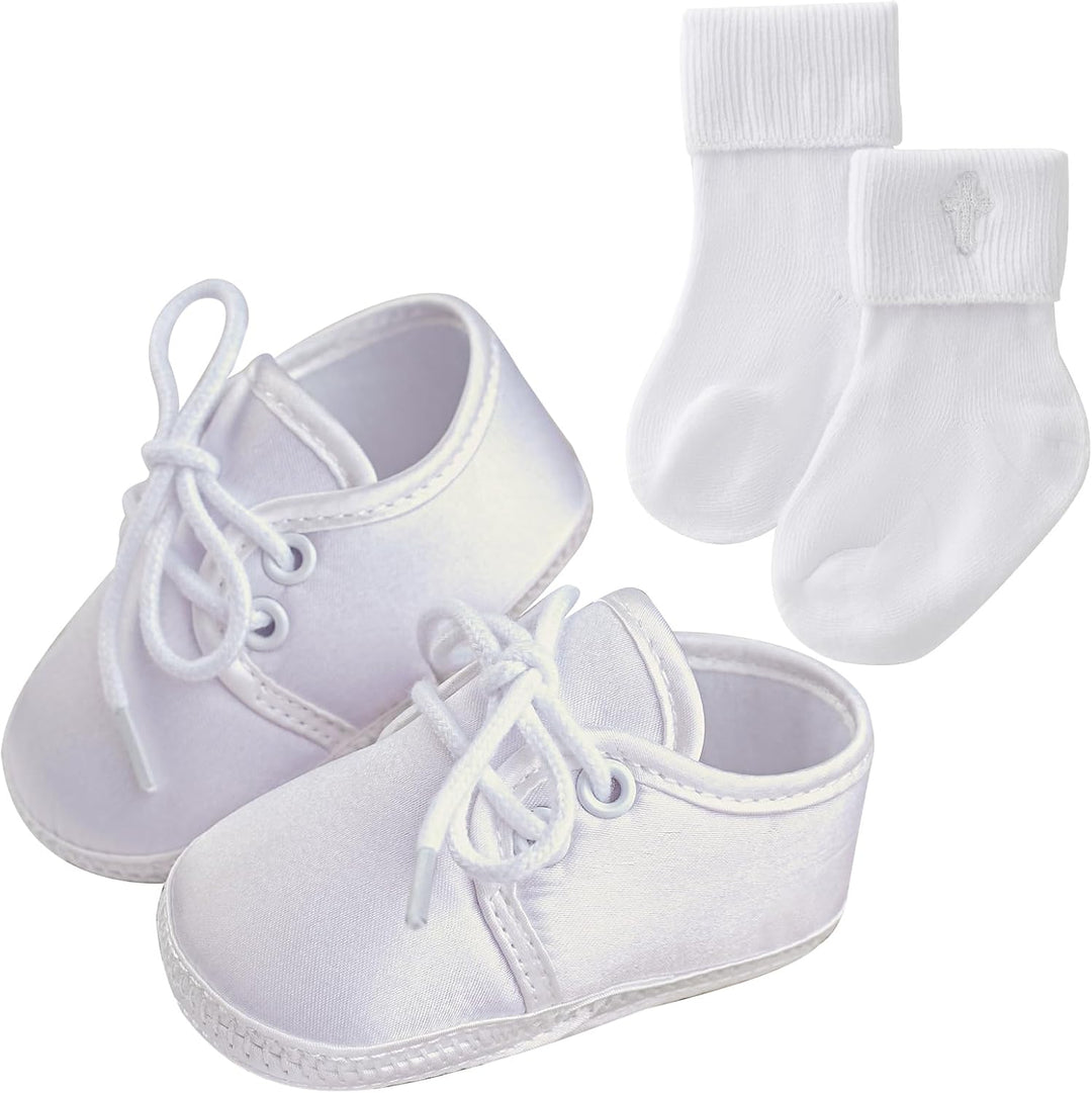 Booulfi Baby Jungen Schuhe Neugeborene Wihte Schuhe für Kleinkind Taufe Schuhe und Socken Set, 3-6 M