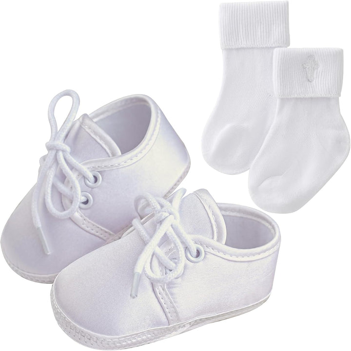 Booulfi Baby Jungen Schuhe Neugeborene Wihte Schuhe für Kleinkind Taufe Schuhe und Socken Set, 3-6 M