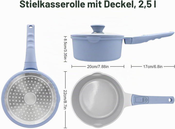Keramik Stielkasserolle 20 cm mit Deckel, 2.5L Antihaft-Keramikbeschichtung Kasserolle mit Abnehmbar