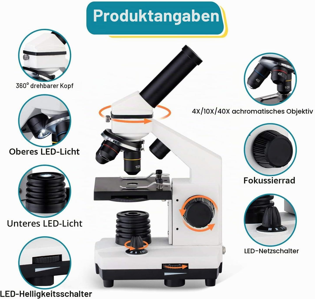Mikroskop für Kinder 250X-2000X Mikroskop-Student Tragbares professionelles Optisches Monokulare Mik