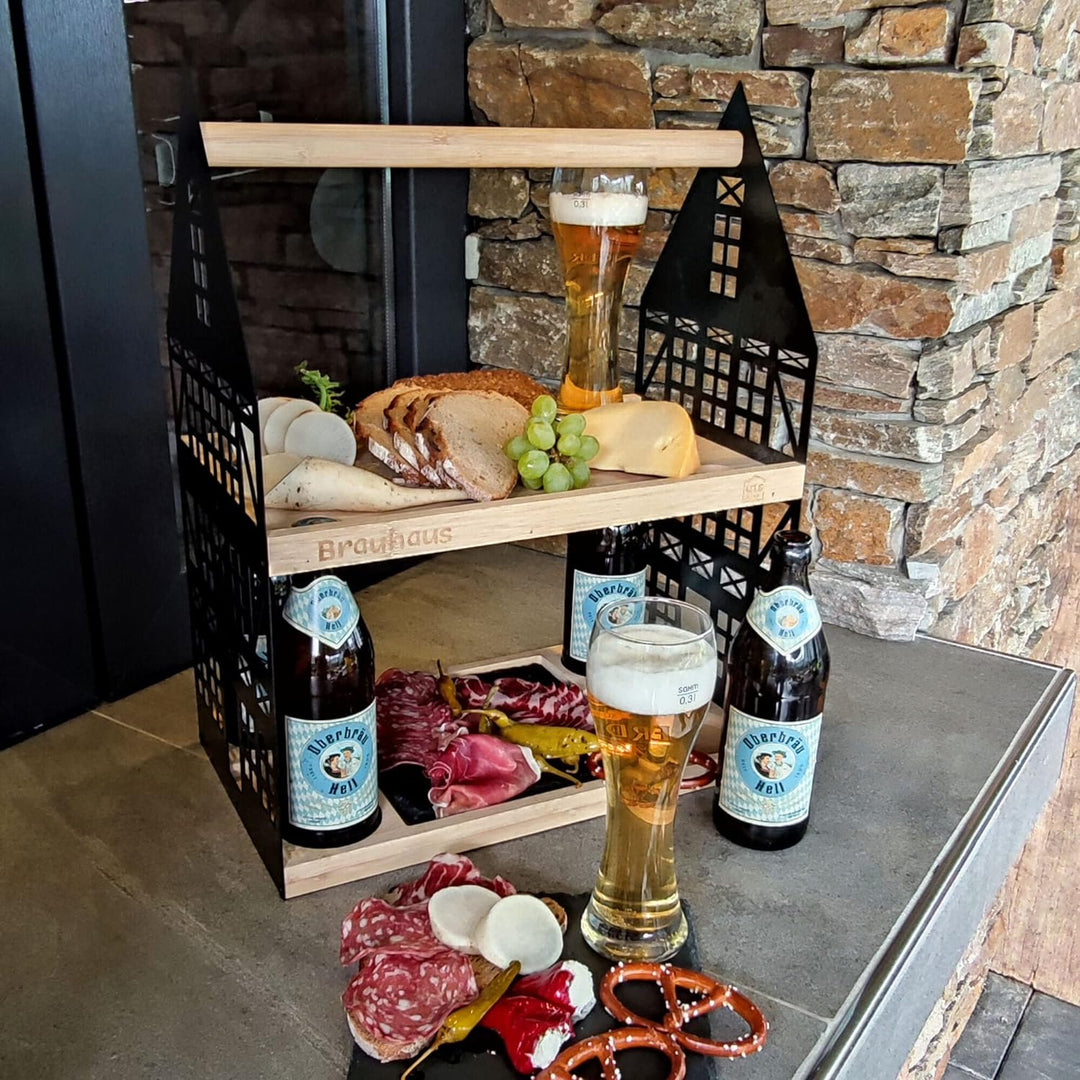 UNUS HOME Etagere Brauhaus, 2 Etagen mit Griff, für Bier, Snacks, Wurst und Käse mit 4 Flaschenhalte