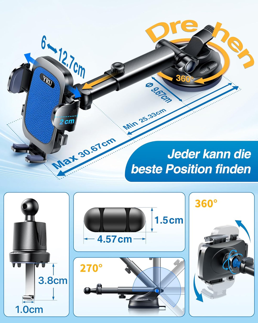 YRU [2026 Militär-Klasse] Handyhalterung Auto Handy Halterung Auto [Stärkst Saugnapf & Clip] Univers