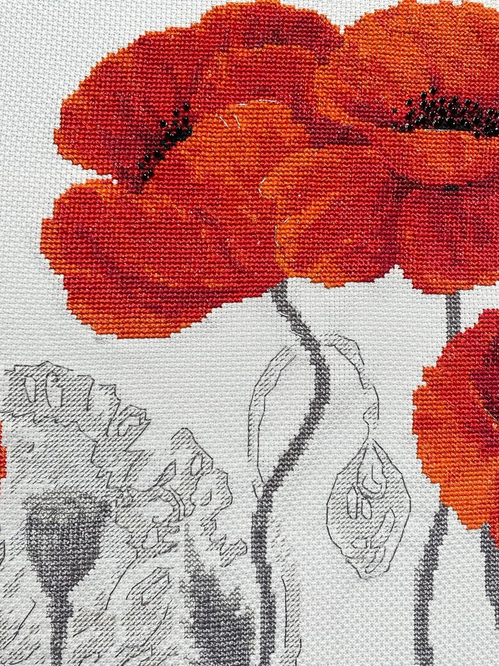 Riolis Stickbild-Set, Motiv Rote Mohnblumen, Kreuzstich