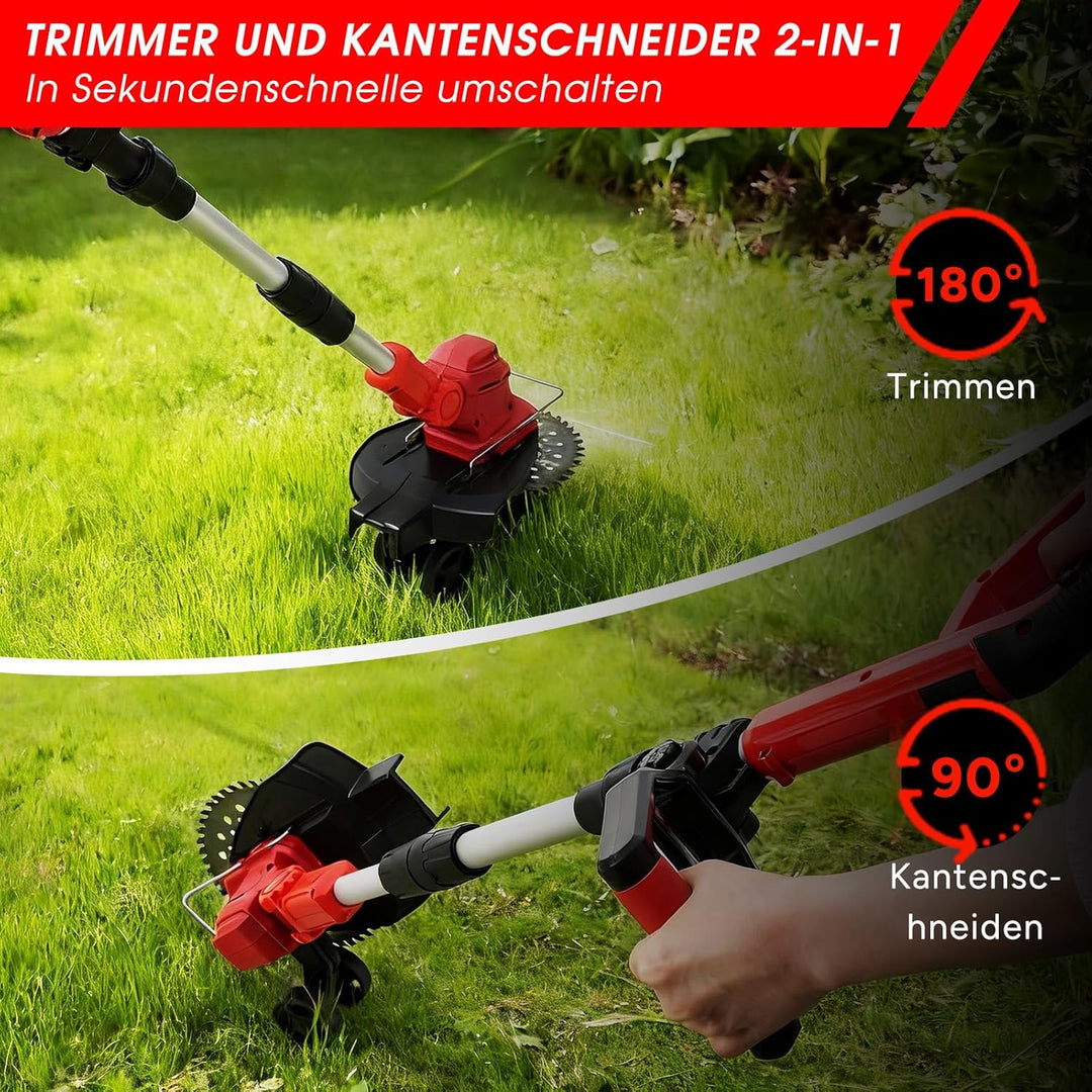 OUTIGO Akku-Freischneider, Akku-Rasenmäher, betrieben mit 1 x 21 V - 4 Ah Akkus, mit klappbarem Tele