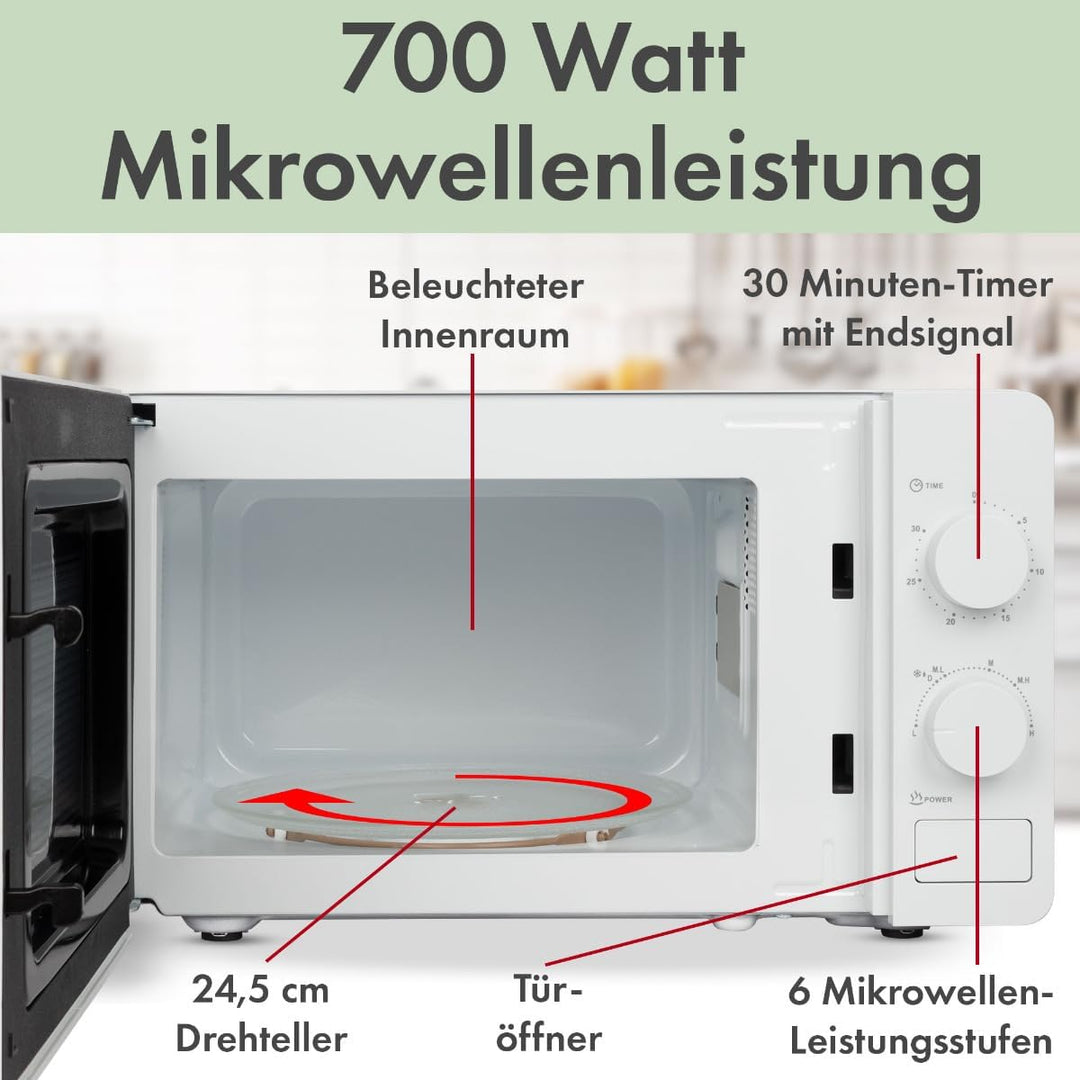 Bomann® Mikrowelle | 700 Watt | 6 Stufen | 20 Liter Garraum | 360° Drehteller | Timer mit Endsignal