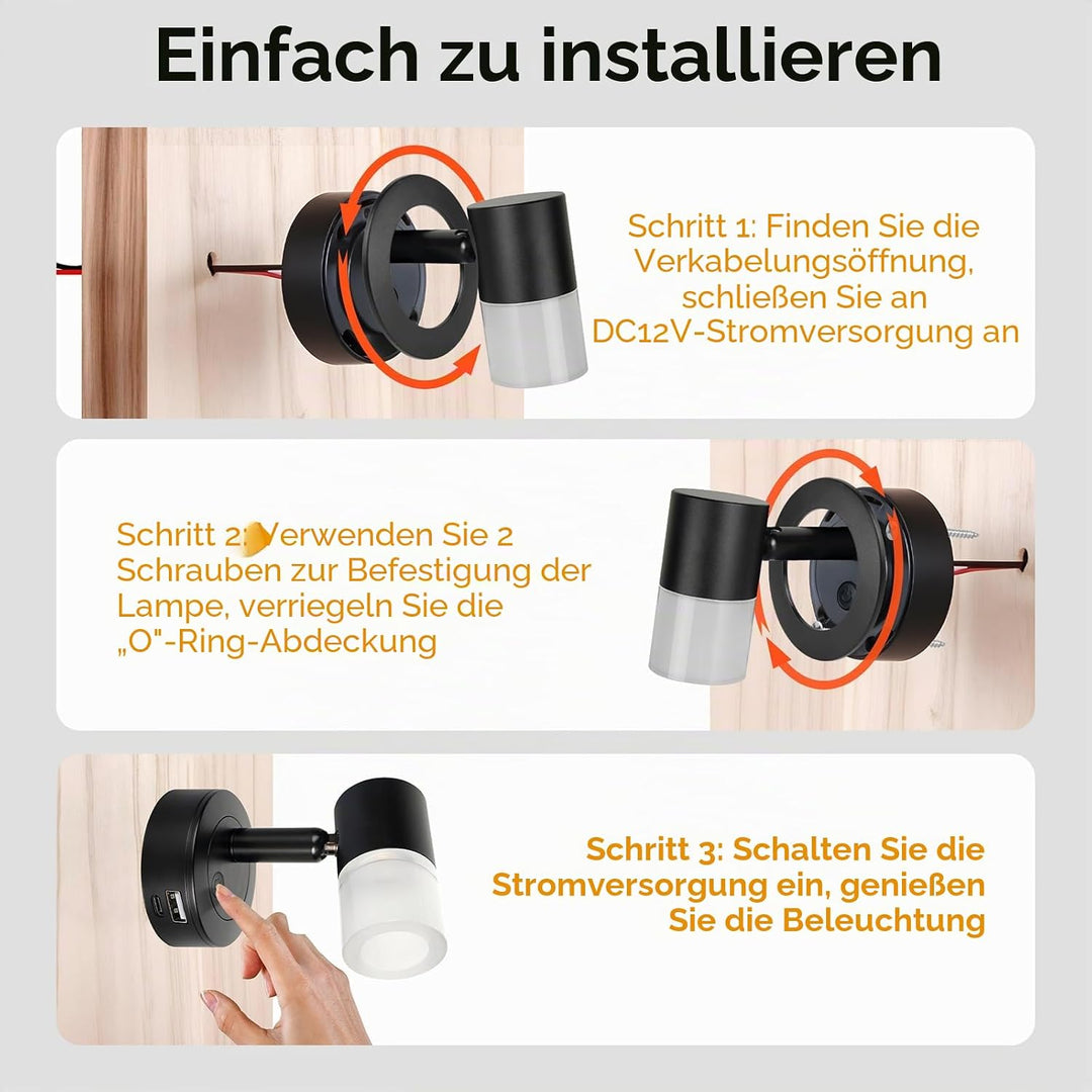 acegoo 12V Leselampe Wohnmobil LED Dimmbar Bett Lampe mit USB-Schnellladegerät, Acryl Spot 24VDC für