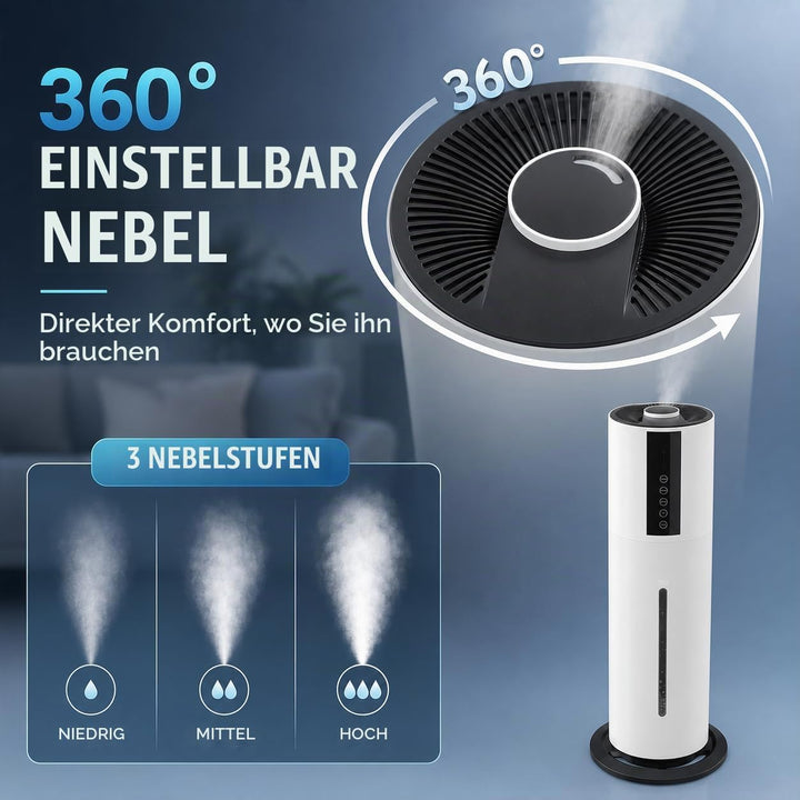 Luftbefeuchter 8L mit Fernbedienung, Raumluftbefeuchter mit 3 Nebelstufen, 360° verstellbar, 12h Tim