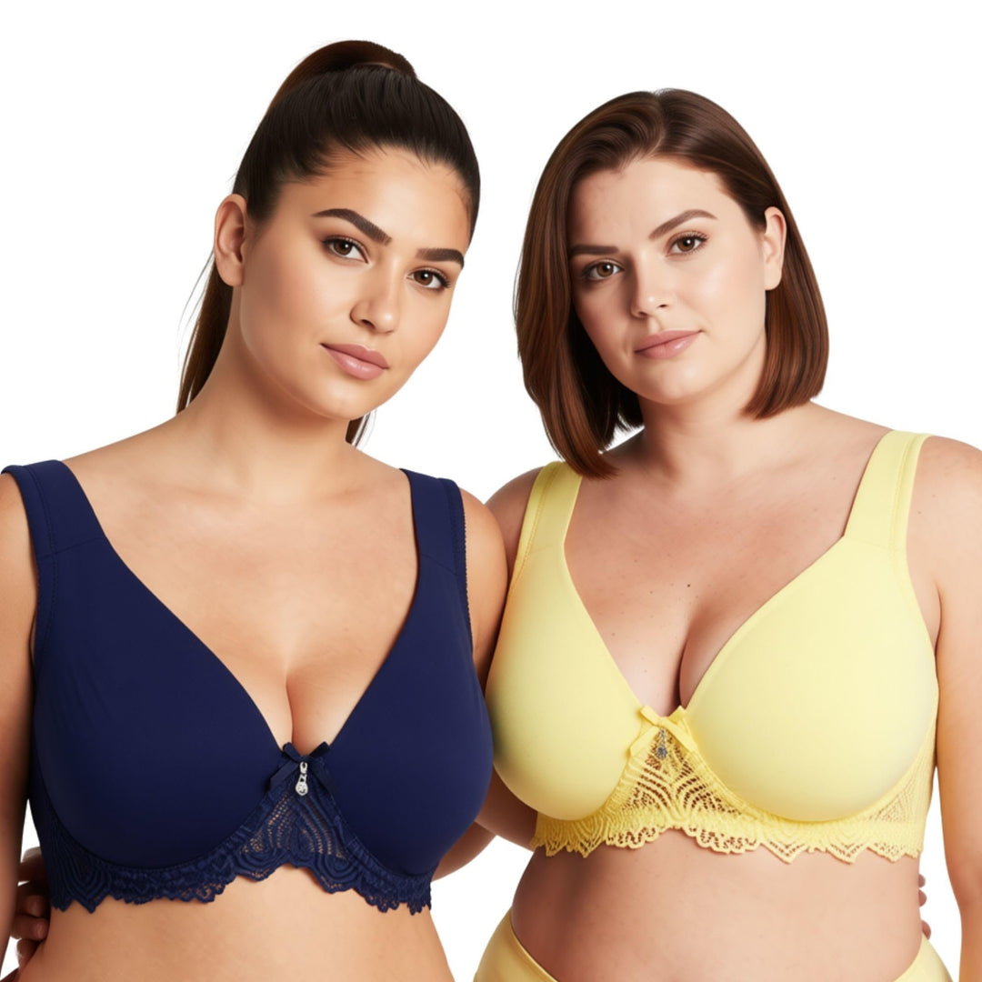 Curve Muse Damen Ungefüttert Bügel Spitze BH mit Gepolstert Schulter Gurte 100C Marine, Hellgelb(2er