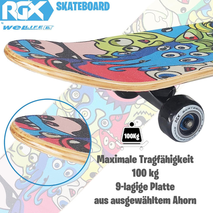 WeLLIFE Skateboard für Anfänger, 80x20cm Holz Skateboard Kinder, Jugendliche Erwachsene,ABEC-9 Kugel