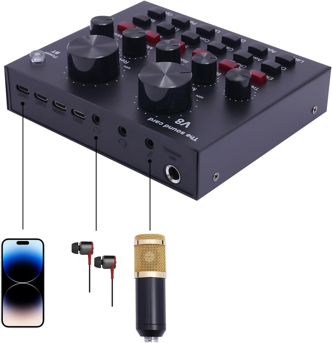 Podcast Mikrofon Set Audio Mixer Set mit Live Soundkarte & Kondensatormikrofon Audiomixer für Live S