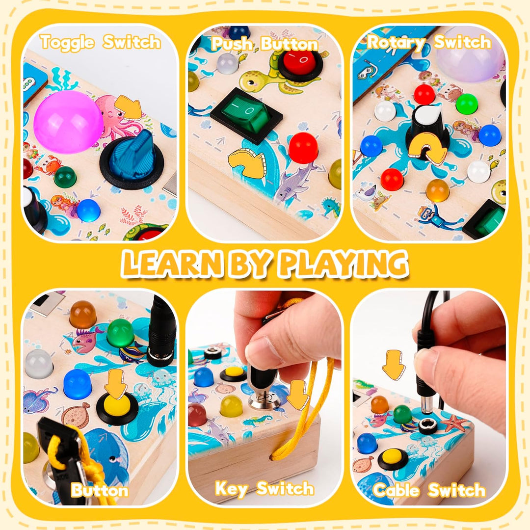 BatdTech Montessori Spielzeug Busy Board mit 15 LED Lichtschalter, Holzspielzeug Motorikspielzeug Ac