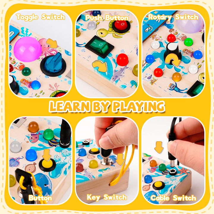 BatdTech Montessori Spielzeug Busy Board mit 15 LED Lichtschalter, Holzspielzeug Motorikspielzeug Ac