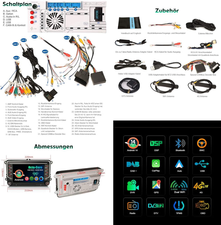 Erisin Acht Kern 4GB+64GB Android 14 Autoradio Bluetooth Für VW Caddy Amarok Crafter T6 Polo Skoda Y