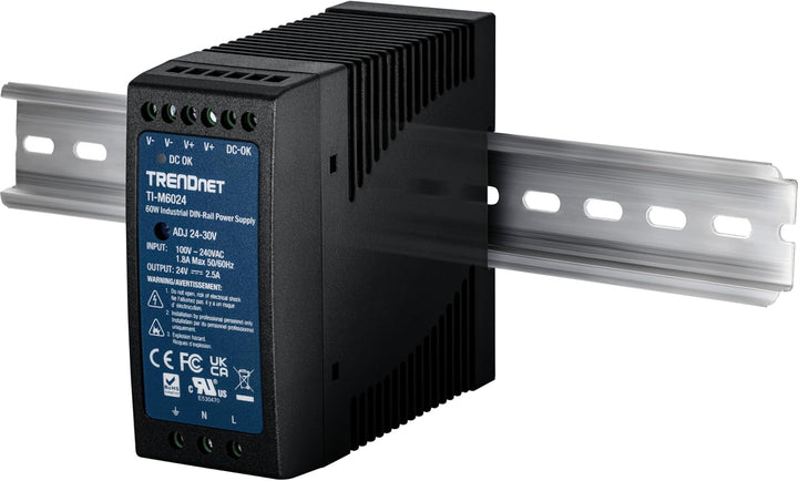 TRENDnet TI-M6024 60 W industrielles DIN-Rail-Netzteil mit Einfachausgang, Universeller AC-Eingang,