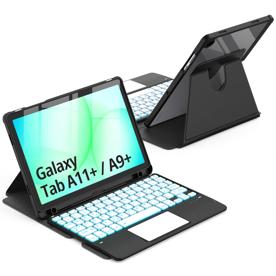 CACOE Drehbare Hülle mit Tastatur für Samsung Galaxy Tab A9 Plus 11 Zoll mit Touchpad, 7-Farbige Bel
