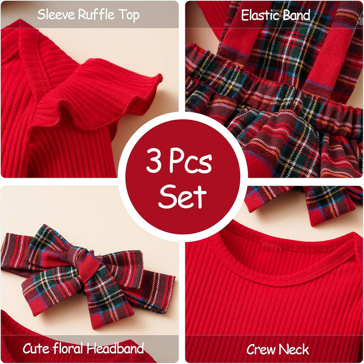Neugeborenes Baby Mädchen Röcke Sets Rüschen Top + Plaid/Dots/Bowknot Overalls Hosenträger Kleid + S