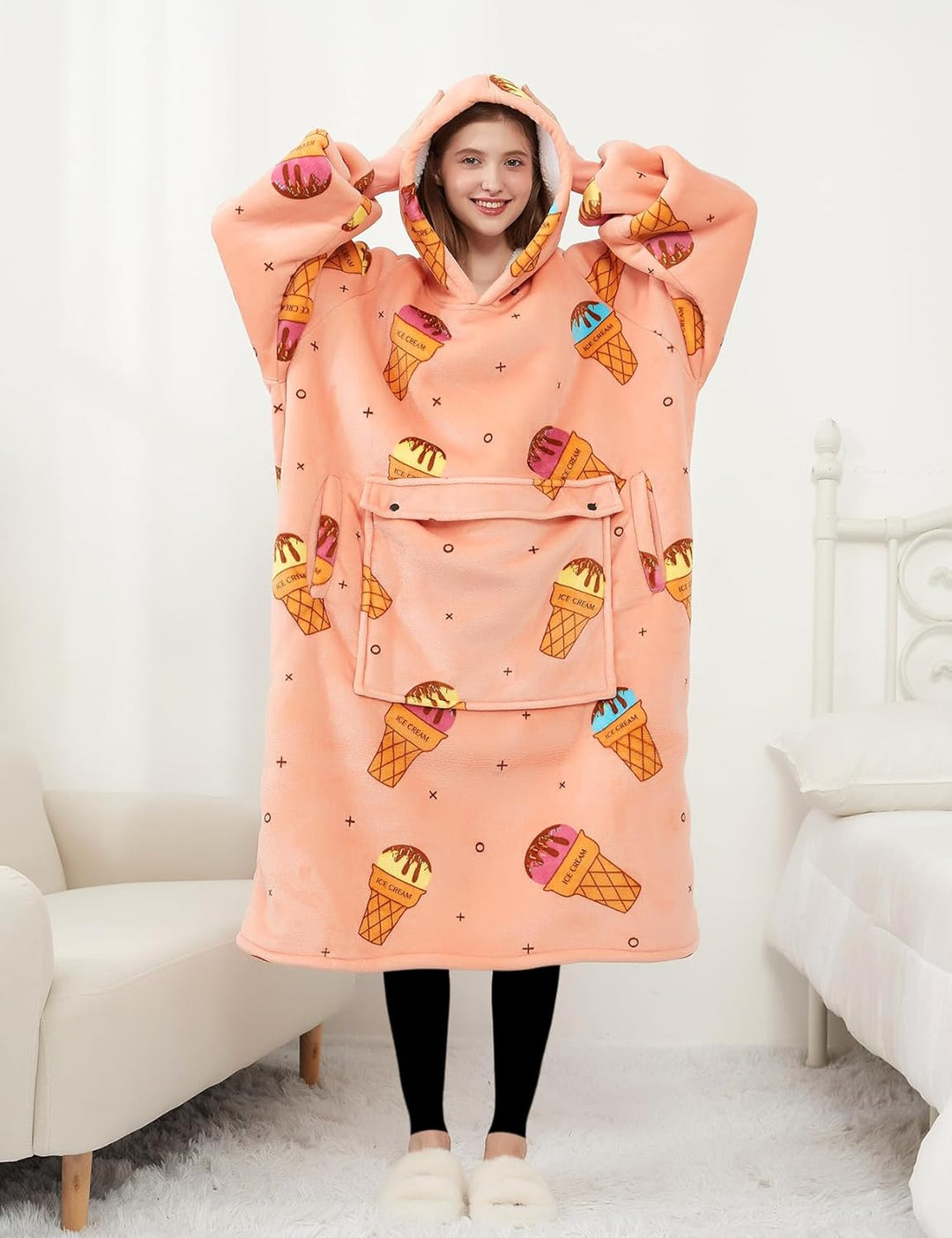 KFUBUO Tragbare Decke Hoodie für Erwachsene Sherpa Alle Muster Eiscreme Übergrosse Sweatshirt Decke